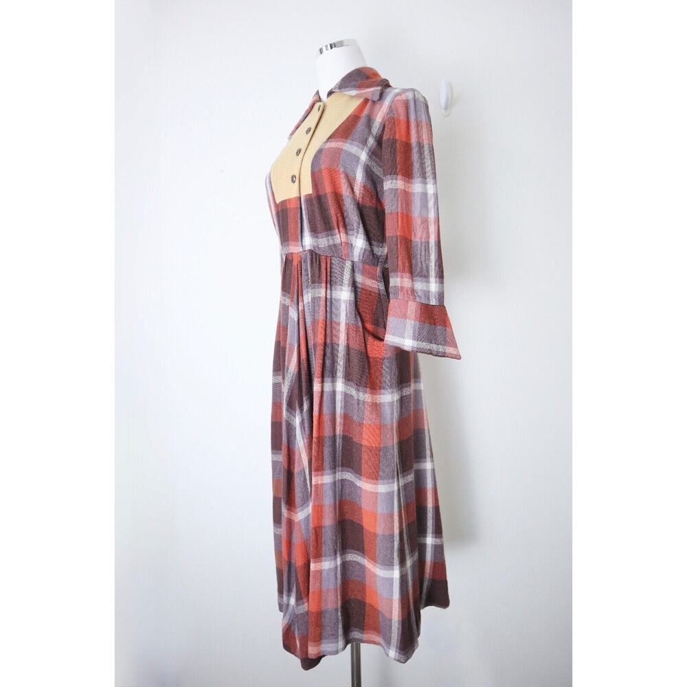 Vintage 1970s Wool Tartan Collared Dress Button Front Plaid Check Brown Orange - Picture 5 of 12